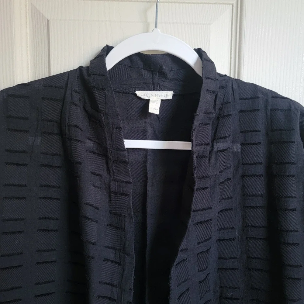 EILEEN FISHER Black Organic Cotton Textured Kimono Jacket 3/4‎ Sleeve Open Front